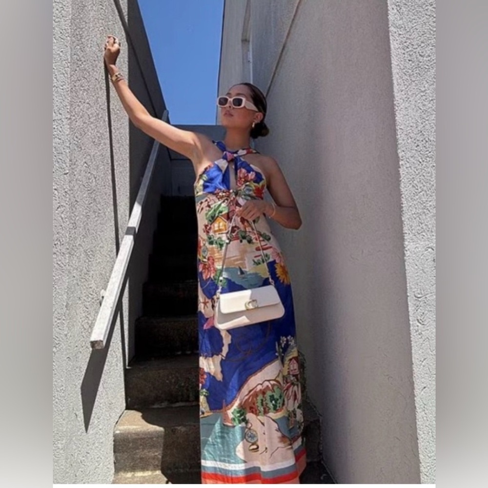 ANTONIO MELANI Blue Scenic Print Maxi dress with Multi-Color Accents